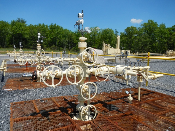 A closeup of the five wellheads that cap the drilled boreholes. 