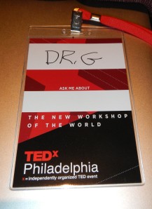 My nametag!  Some people filled in the "Ask Me About" space with topics that ranged from pit bulls to kitchen cabinets.