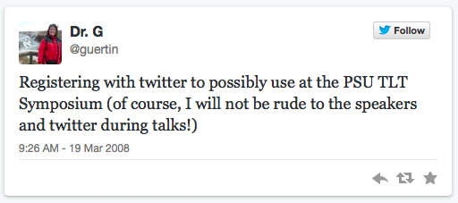 I recently saw an article on CNN.com that discussed how Twitter lets you quickly go in and see your very first tweet.  My first tweet happened to be about the TLT Symposium (back in 2008!).