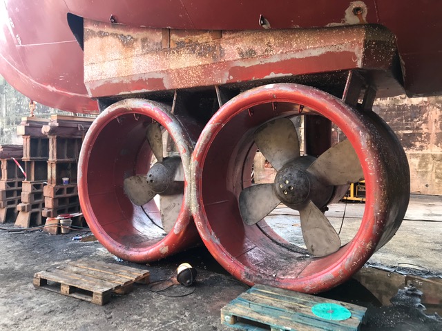 Two ship propellers part of a thruster pod