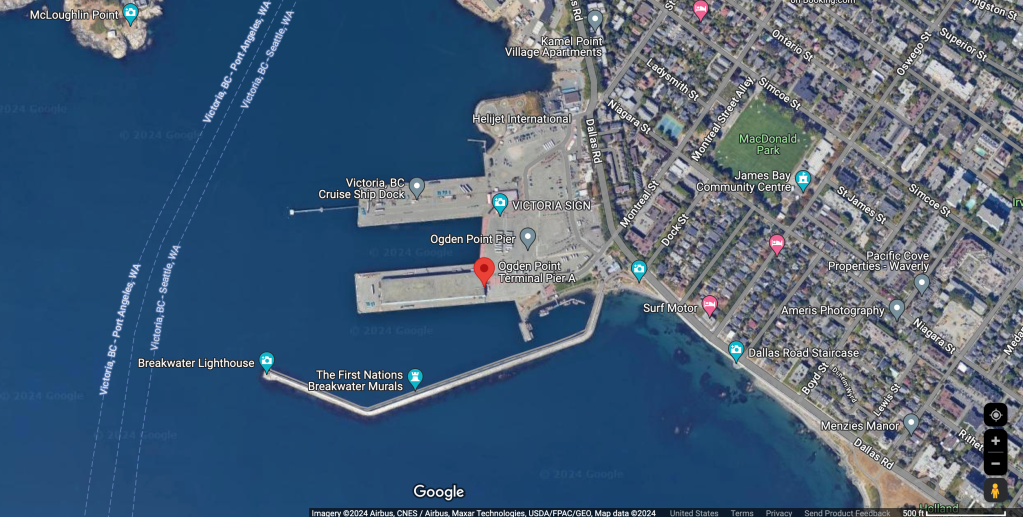 Google Earth screenshot of the cruise ship port in Victoria, British Columbia